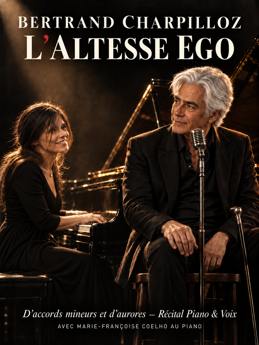 Affiche du récital piano-voix L'Altesse Ego de Bertrand Charpilloz avec Marie-Françoise Coelho au piano
